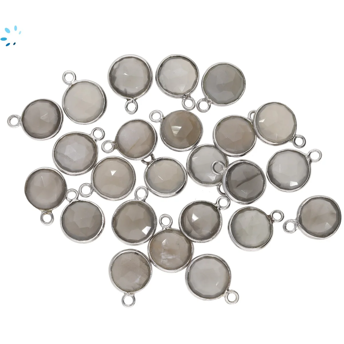Gray Moonstone Coin Bezel Charm Pendant 8mm - Platinum Plated Sterling Silver - Set of 4