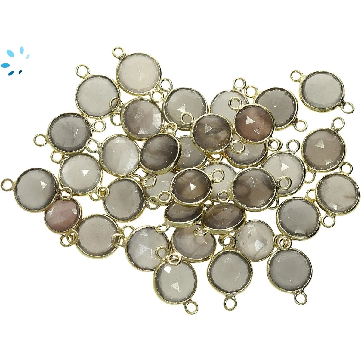 Gray Moonstone Coin Bezel Connector 9mm - 18k Gold Plated Sterling Silver - Set of 4