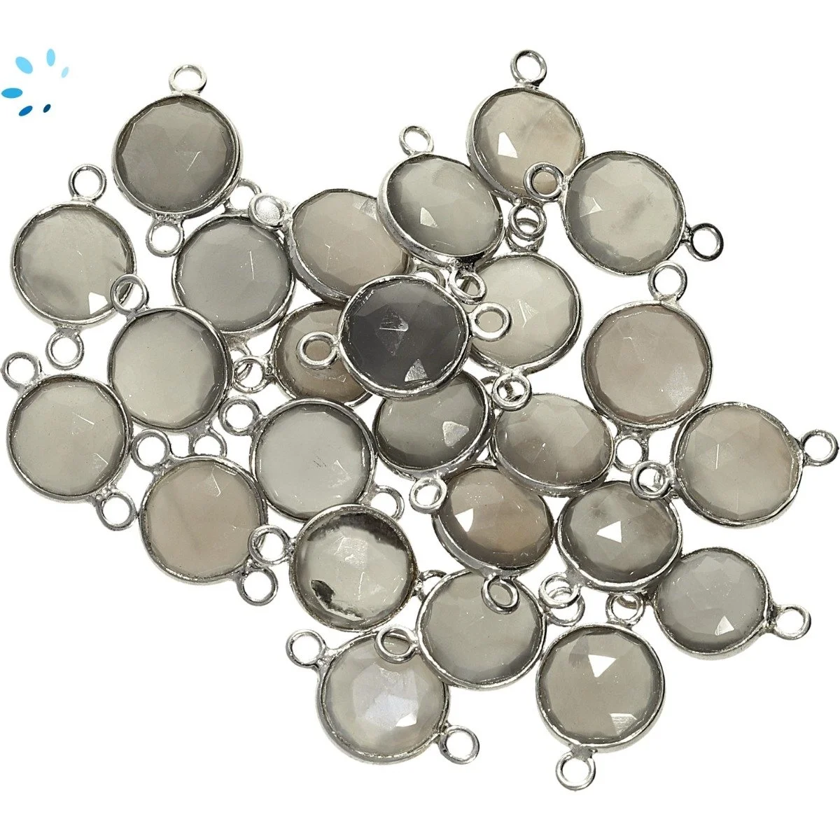 Gray Moonstone Coin Bezel Connector 9mm - Platinum Plated Sterling Silver - Set of 4