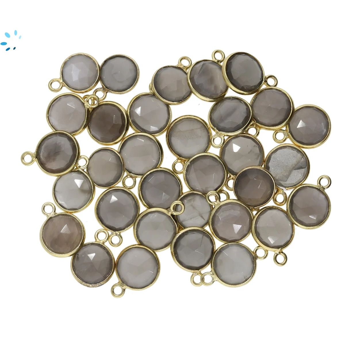 Gray Moonstone Coin Bezel Pendant Charm 8mm - 18k Gold Plated Sterling Silver - Set of 4