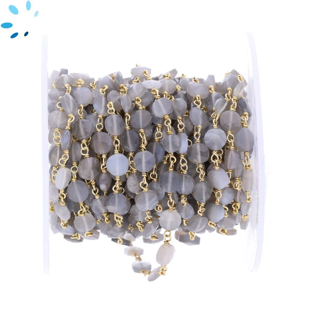 Gray Moonstone Faceted Coin 5.5 - 6.5mm Sterling Silver Gold Plated Rosary Style Beaded Chain Per Foot