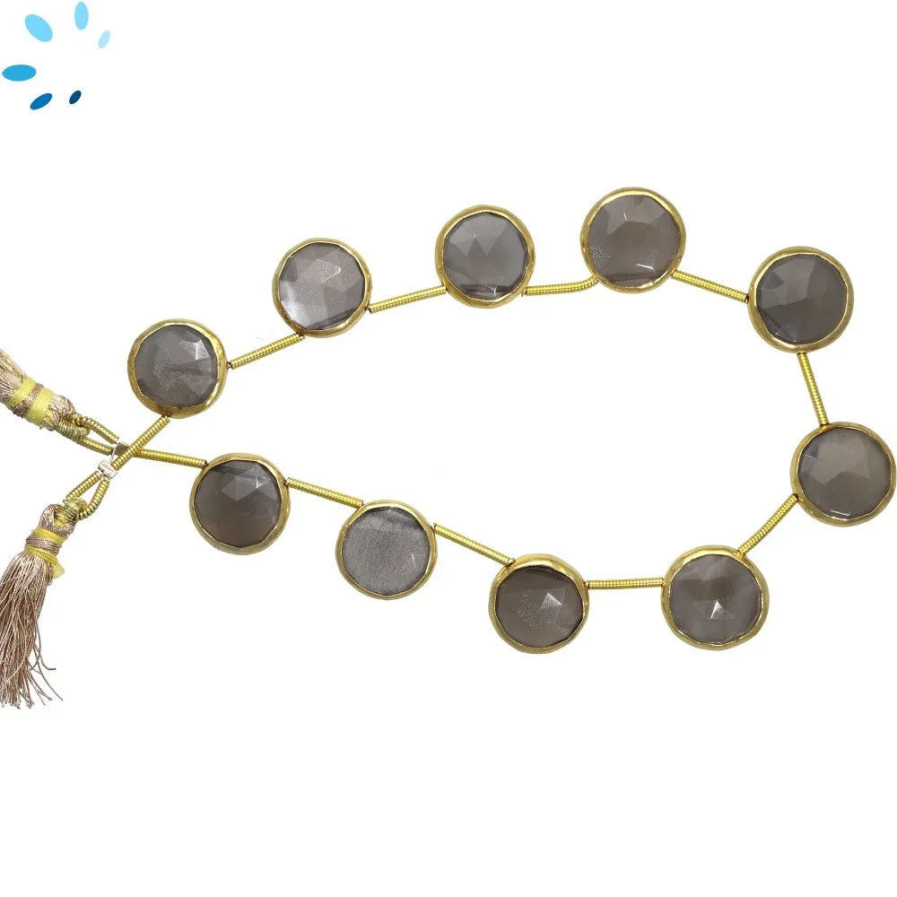 Gray Moonstone Faceted Coin Bezel Set Beads 12mm Top Drilled - 18k Gold Plated Sterling Silver