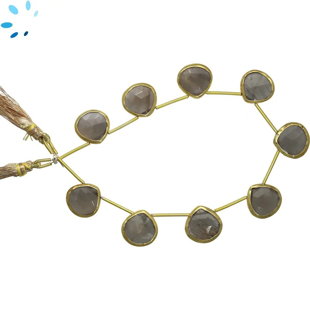 Gray Moonstone Faceted Heart Bezel Set Beads 12mm Top Drilled - 18k Gold Plated Sterling Silver