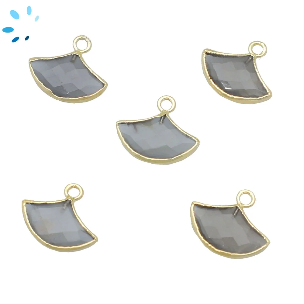Gray Moonstone Fan Pendant Charm 15x10mm 18k Gold Electroplated - Set of 2