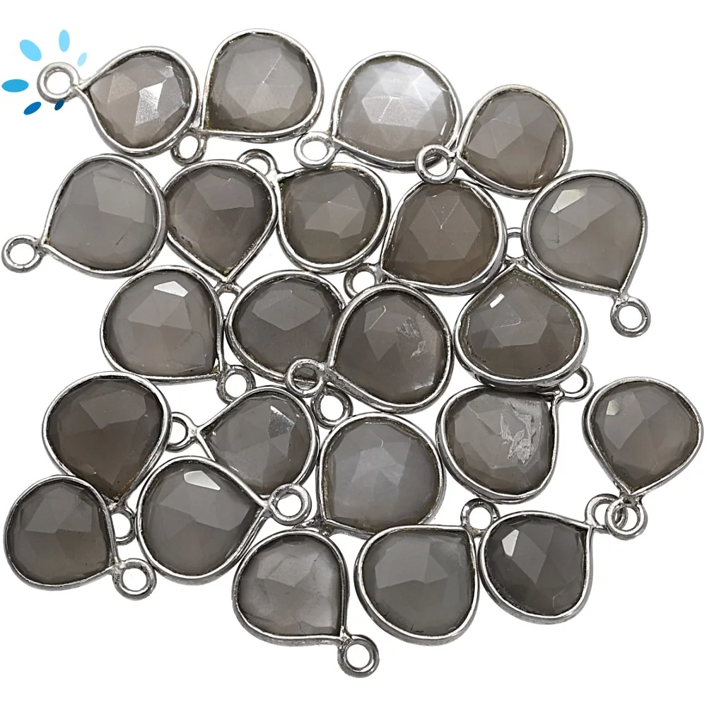 Gray Moonstone Heart Bezel Charm Pendant 8mm - Platinum Plated Sterling Silver - Set of 4