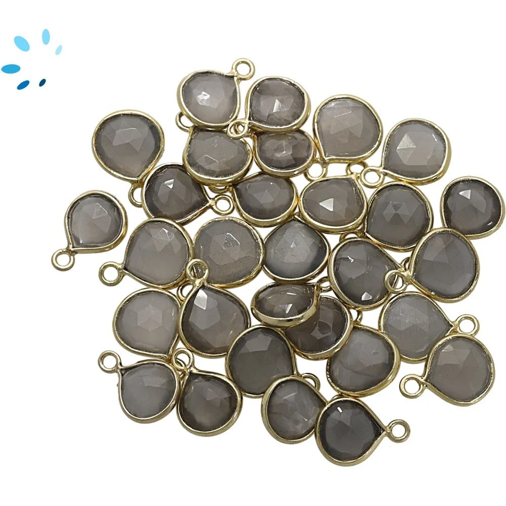 Gray Moonstone Heart Bezel Pendant Charm 8mm - 18k Gold Plated Sterling Silver - Set of 4
