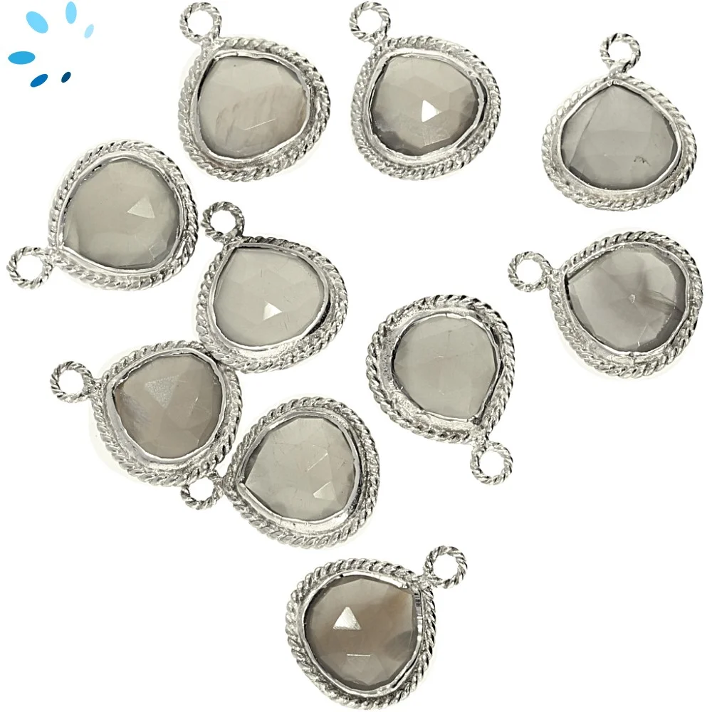 Gray Moonstone Heart Twisted Wire Bezel Charm Pendant 10mm - Silver Plated Sterling Silver - Set of 4