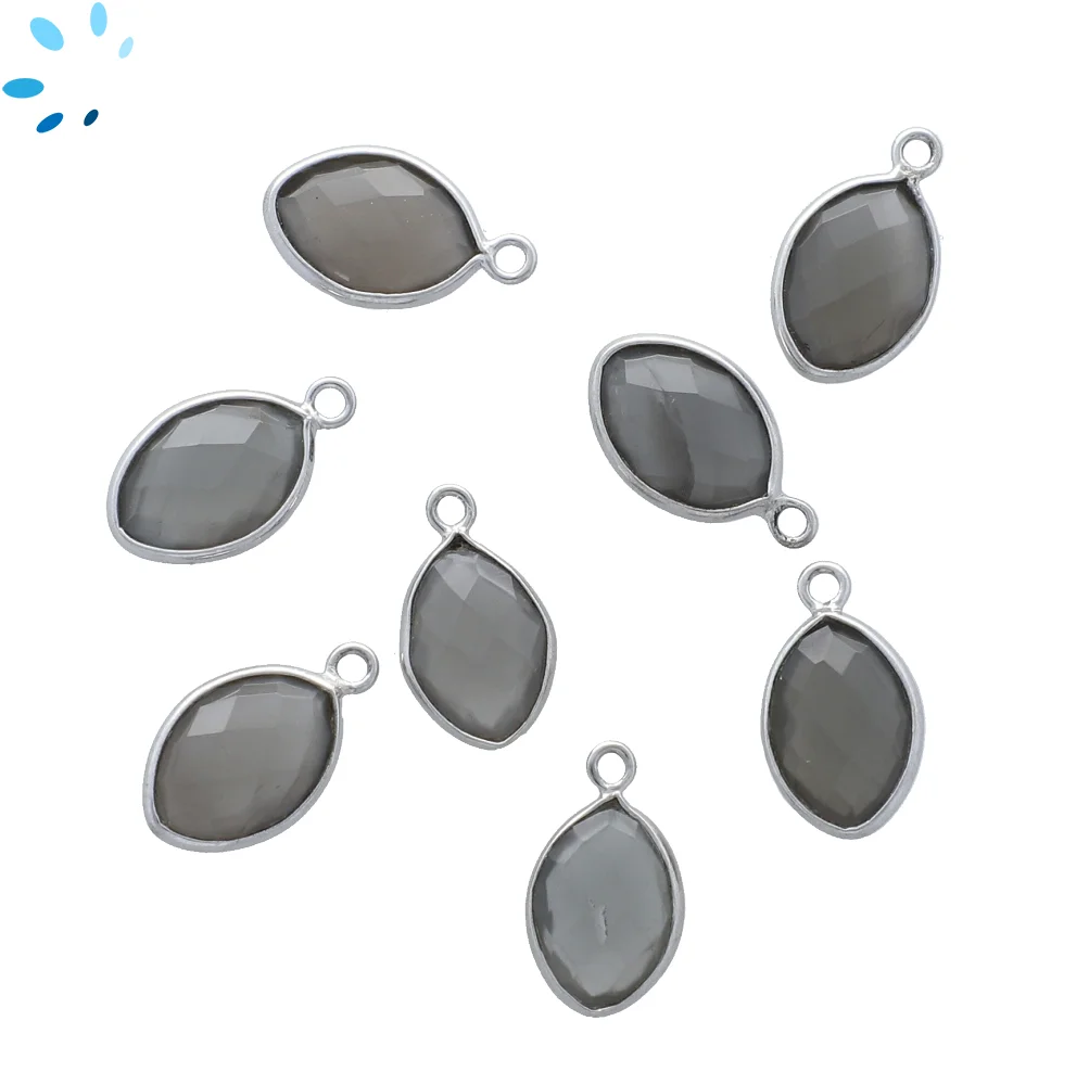 Gray Moonstone Marquise Bezel Charm Pendant 12x8mm - Platinum Plated Sterling Silver - Set of 4