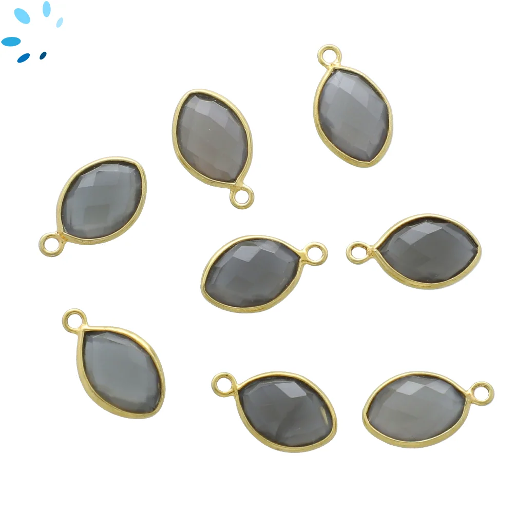 Gray Moonstone Marquise Bezel Pendant Charm 12x8mm - 18k Gold Plated Sterling Silver - Set of 4