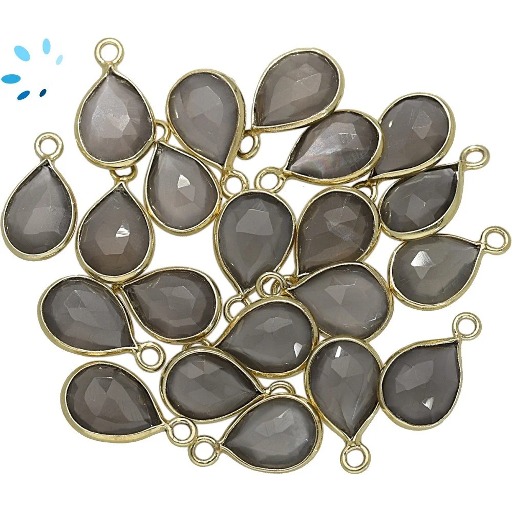 Gray Moonstone Pear Bezel Charm Pendant 9x7mm - 18k Gold Plated Sterling Silver - Set of 4