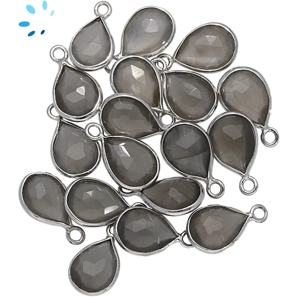 Gray Moonstone Pear Bezel Pendant Charm 9x7mm - Platinum Plated Sterling Silver - Set of 4