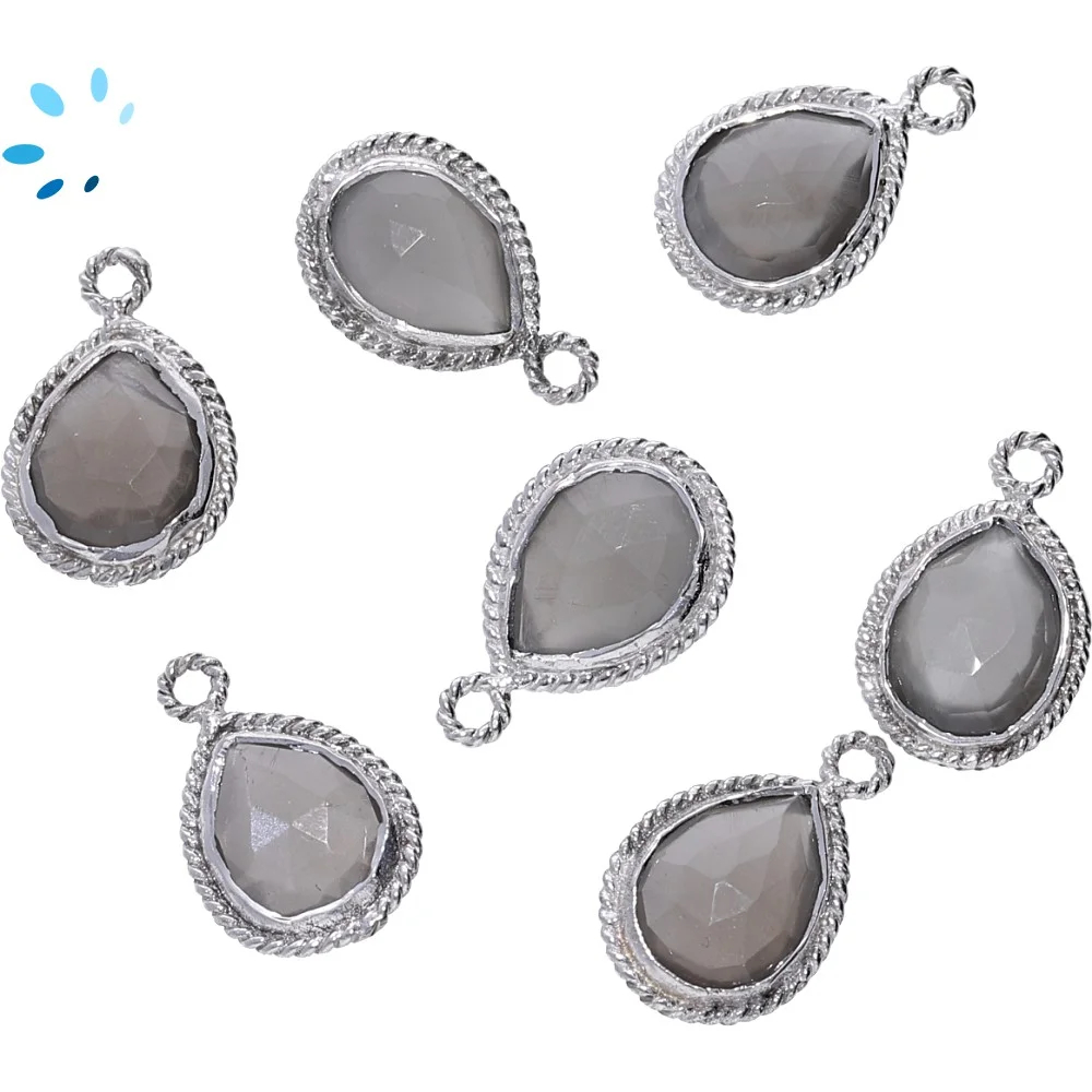 Gray Moonstone Pear Twisted Wire Bezel Charm Pendant 10x8 - 12x9mm - Platinum Plated Sterling Silver - Set of 4