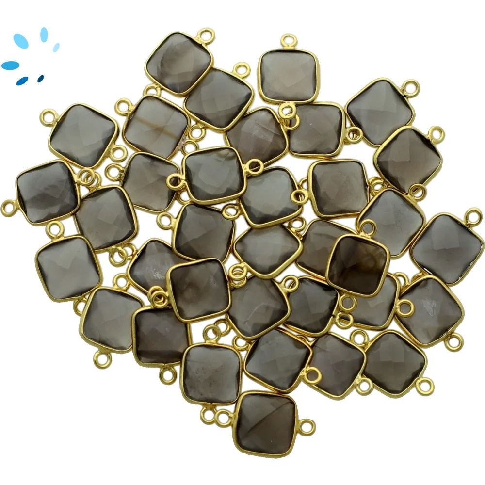 Gray Moonstone Square Bezel Connector 10mm - 18k Gold Plated Sterling Silver - Set of 4