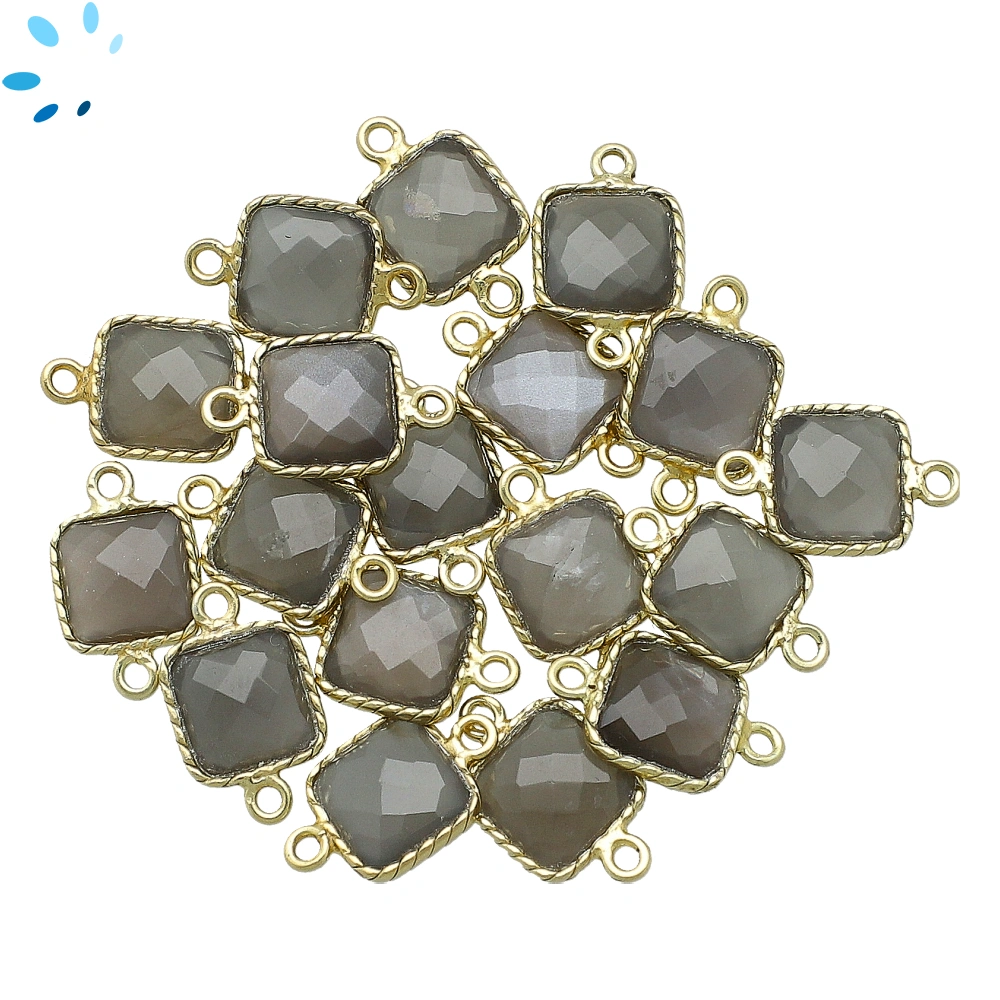 Gray Moonstone Square Twisted Wire Bezel Connector 10x10mm - 18k Gold Plated Sterling Silver - Set of 4