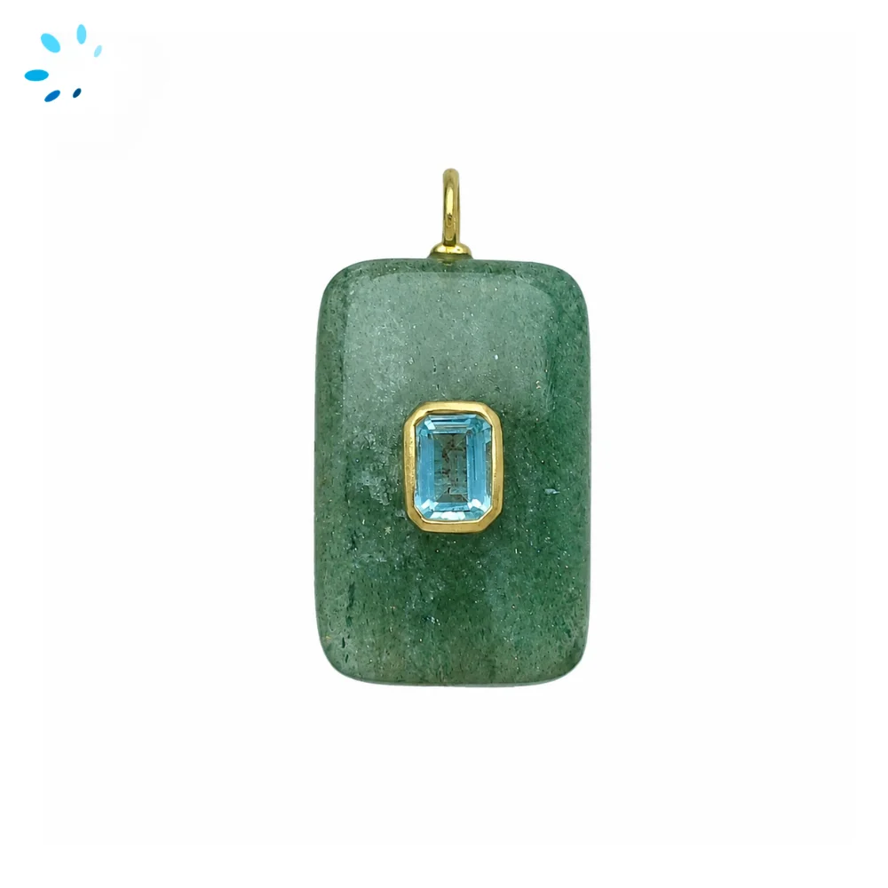 Green Aventurine & Blue Topaz Slab Rectangle Inlay Pendant Charm 28x18mm - 18k Gold Plated Sterling Silver 1 Piece