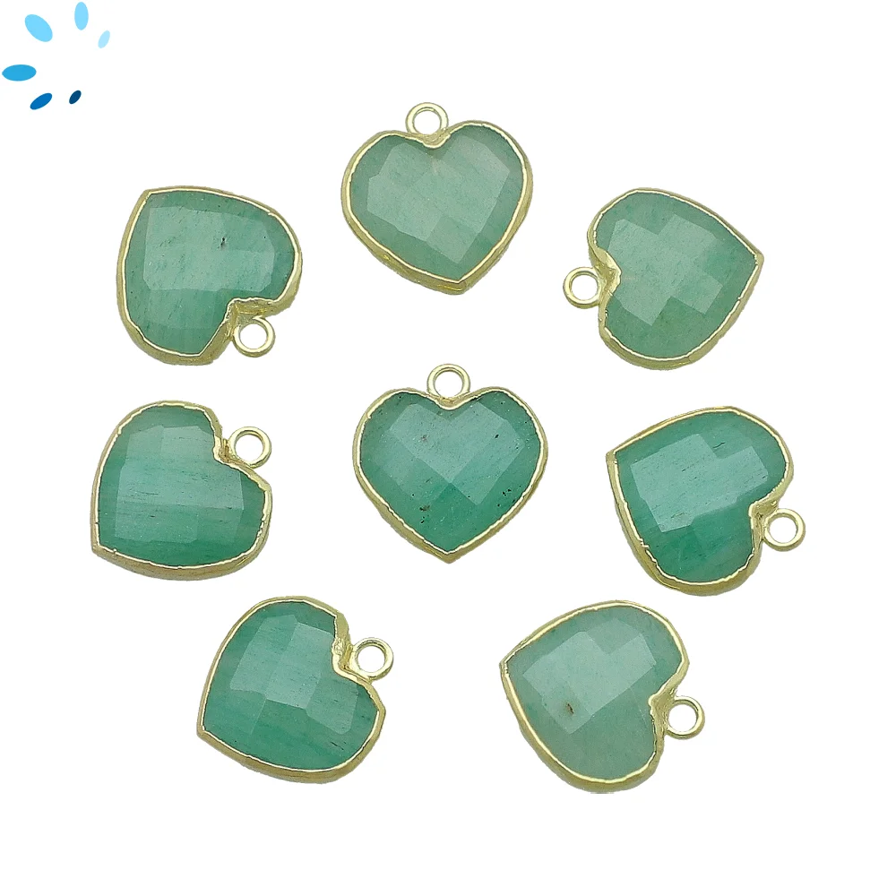 Green Aventurine Heart Charm Pendant 14mm 18k Gold Electroplated - Set of 4