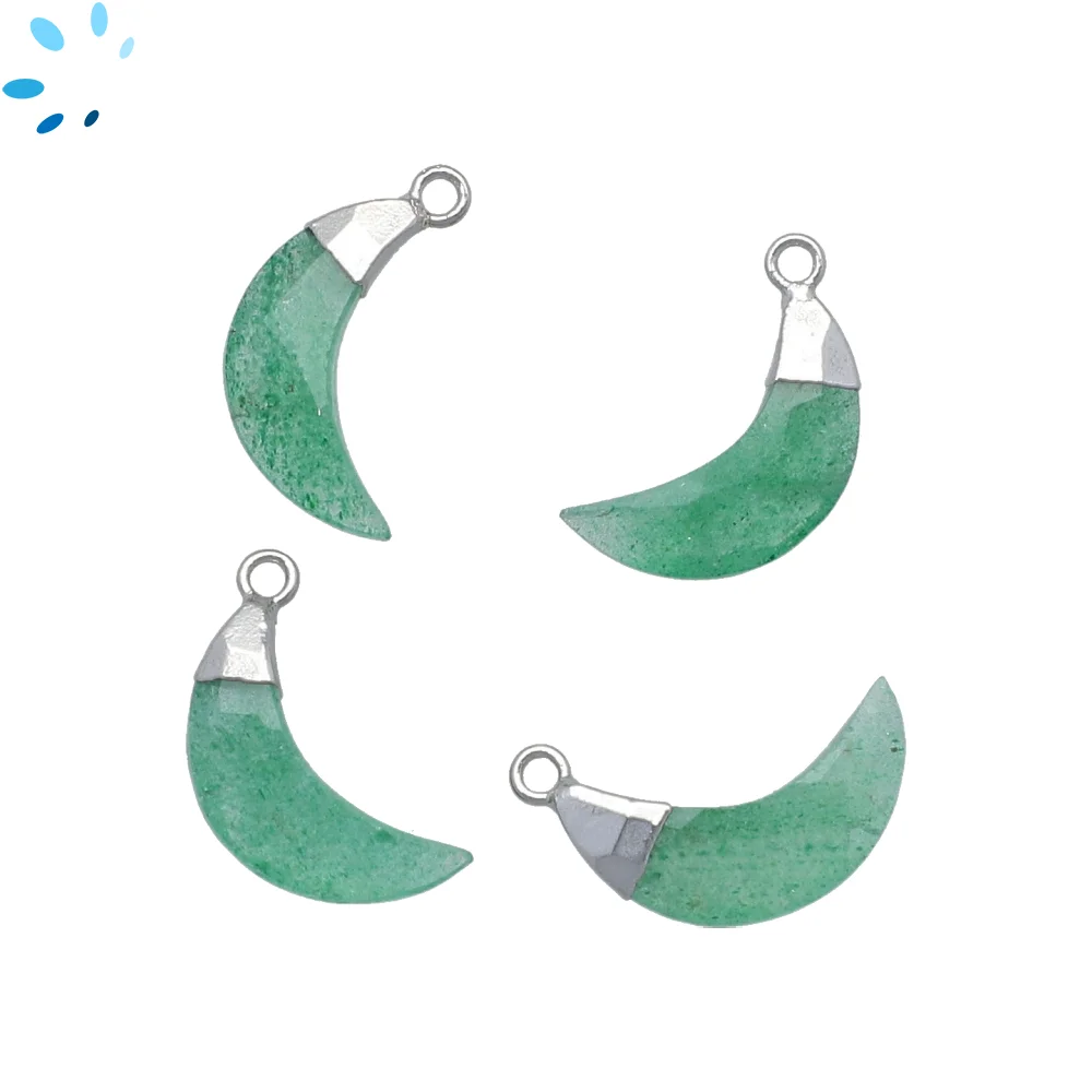 Green Aventurine Moon Pendant Charm 15x5 - 17x6mm Silver Electroplated - Set of 4