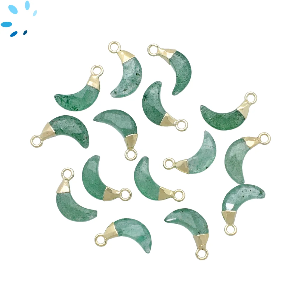 Green Aventurine Moon Pendant Charm 9x3mm 18k Gold Electroplated - Set of 4