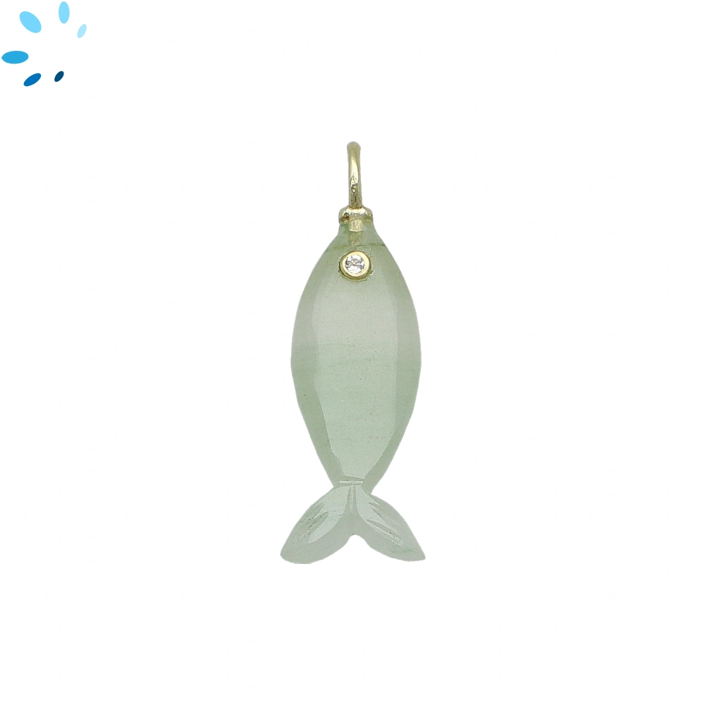 Green Aventurine & White Topaz Vertical Elongated Fish Inlay Pendant Charm 25x9mm - 18k Gold Plated Sterling Silver