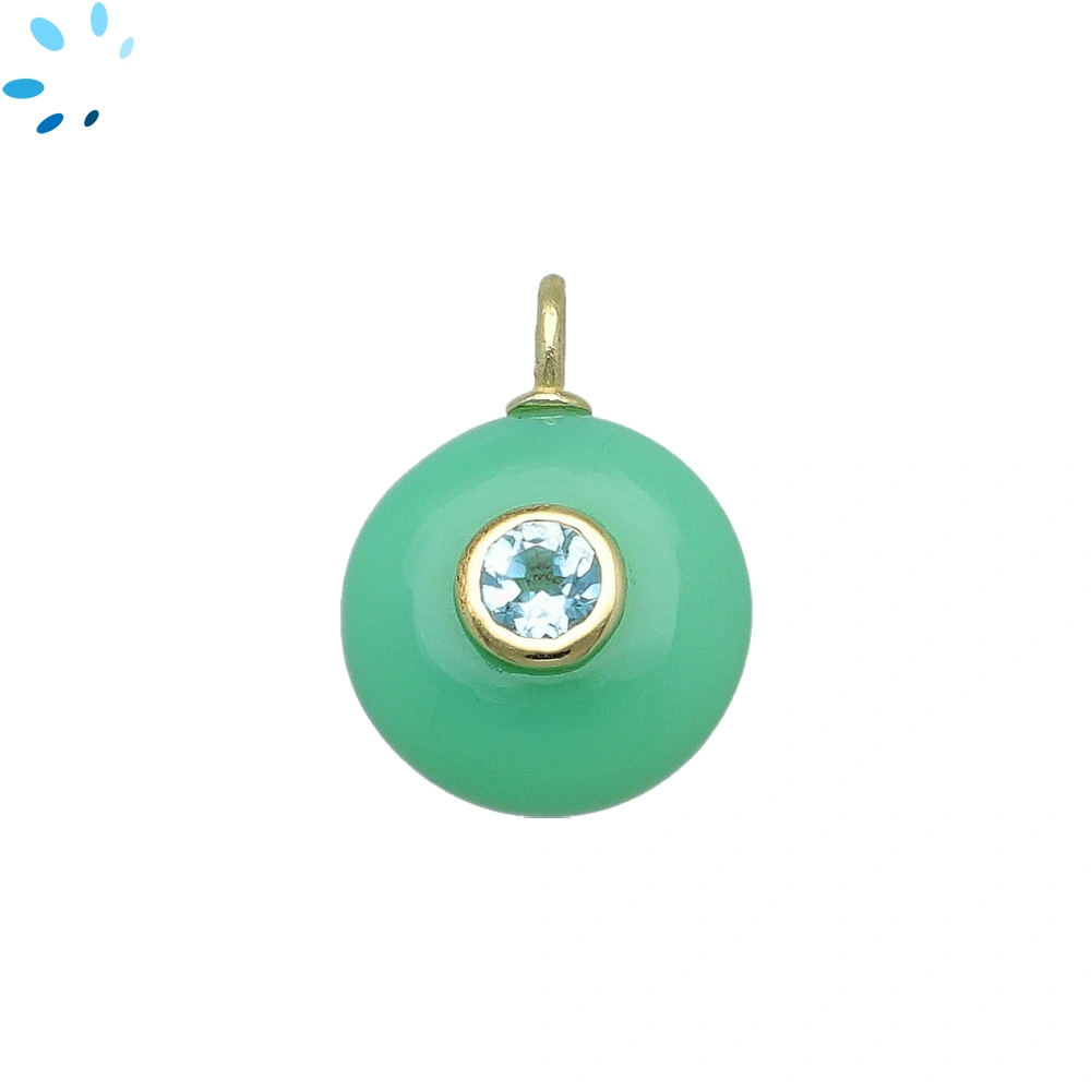 Green Chalcedony & Blue Topaz Round Inlay Charm Pendant 16mm - 18k Gold Plated Sterling Silver - 1 Piece