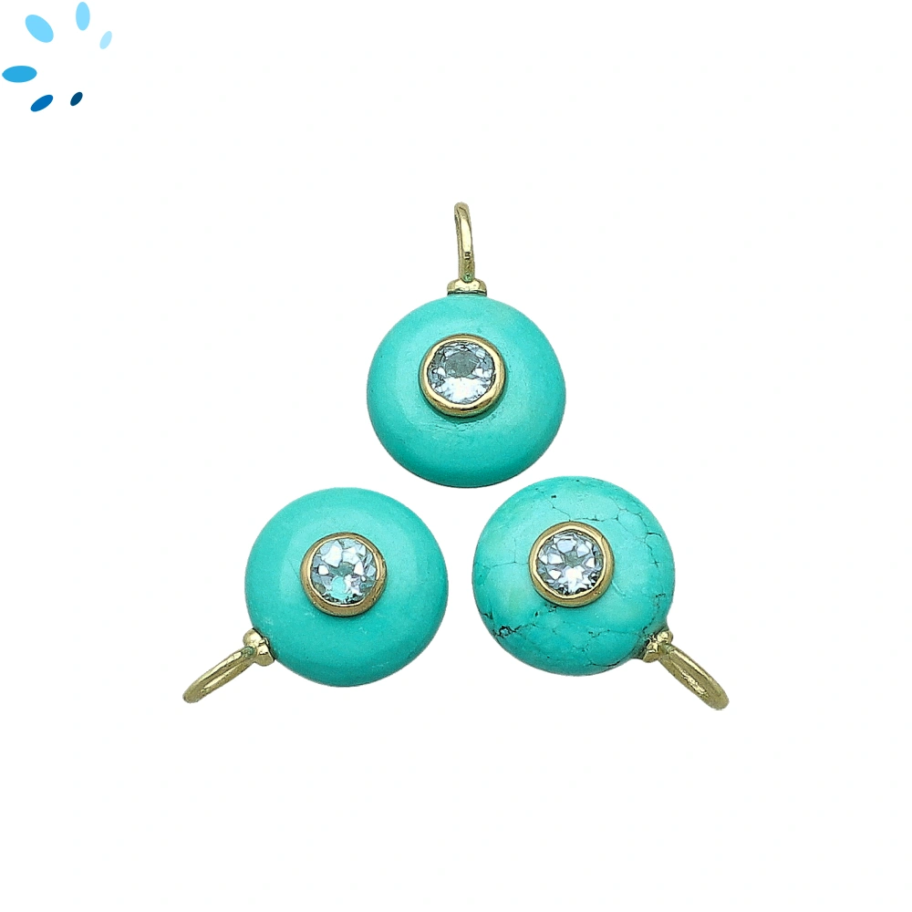 Green Howlite & Blue Topaz Round Inlay Charm Pendant 12mm - 18k Gold Plated Sterling Silver - 1 Piece