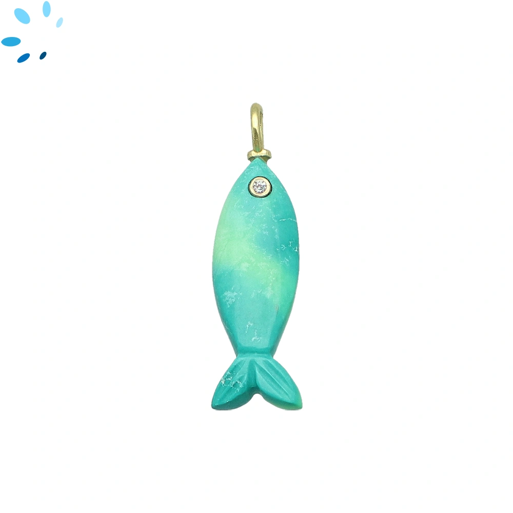 Green Howlite Vertical Elongated Fish Inlay Pendant Charm 25x9mm - 18k Gold Plated Sterling Silver 1 Piece