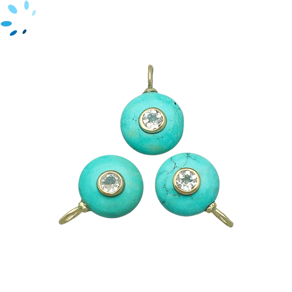 Green Howlite & White Topaz Round Inlay Charm Pendant 12mm - 18k Gold Plated Sterling Silver - 1 Piece