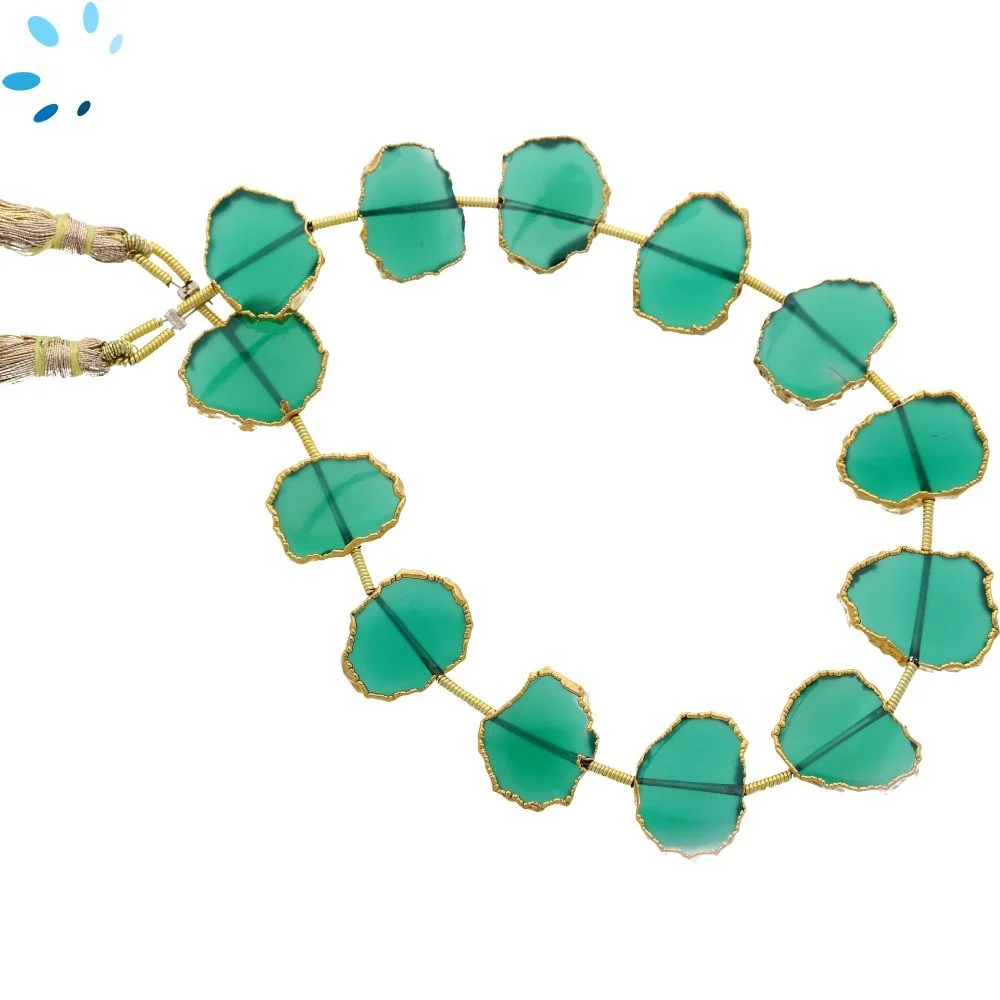 Green Onyx Center Drilled Slice Beads 15x11 - 17x13mm - 18k Gold Electroplated