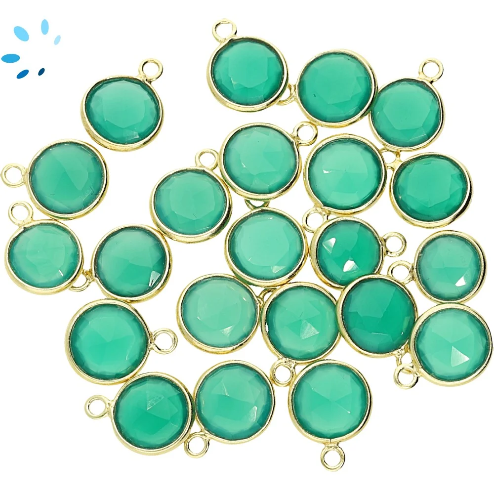Green Onyx Coin Bezel Charm Pendant 9mm - 18k Gold Plated Sterling Silver - Set of 4