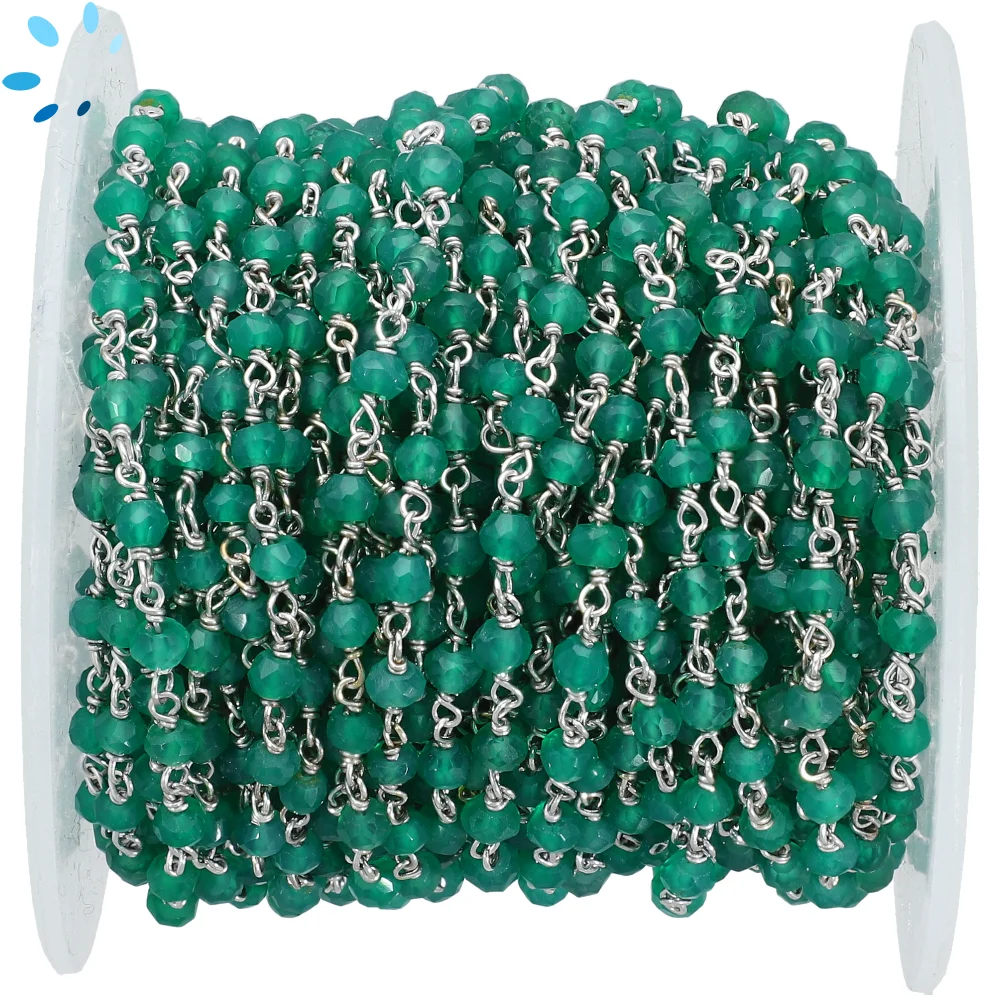 Green Onyx Faceted Button 3.5 - 4mm Sterling Silver Rosary Style Beaded Chain Per Foot