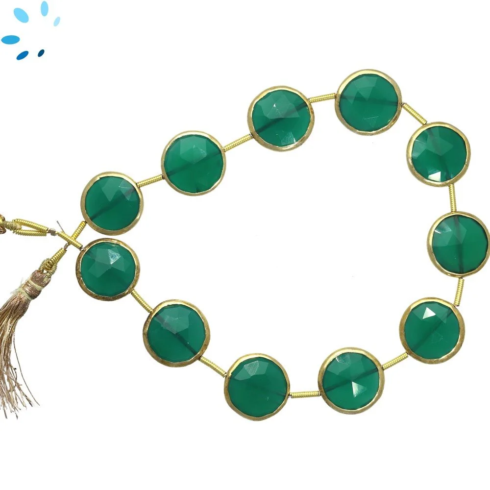 Green Onyx Faceted Coin Bezel Set Beads 13-14mm Center Drilled - 18k Gold Plated Sterling Silver
