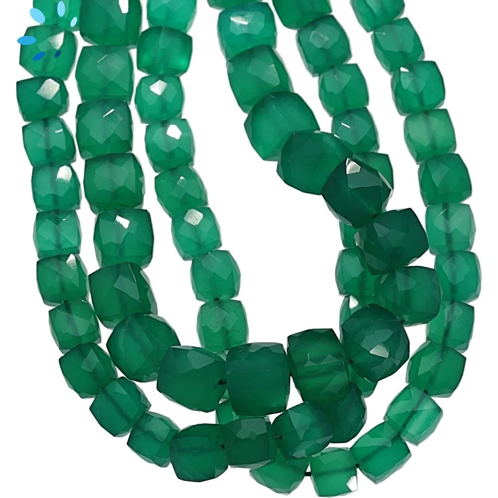 Green Onyx Faceted Cube Top to Bottom Drilled Beads 7mm - 8 Inch Strand