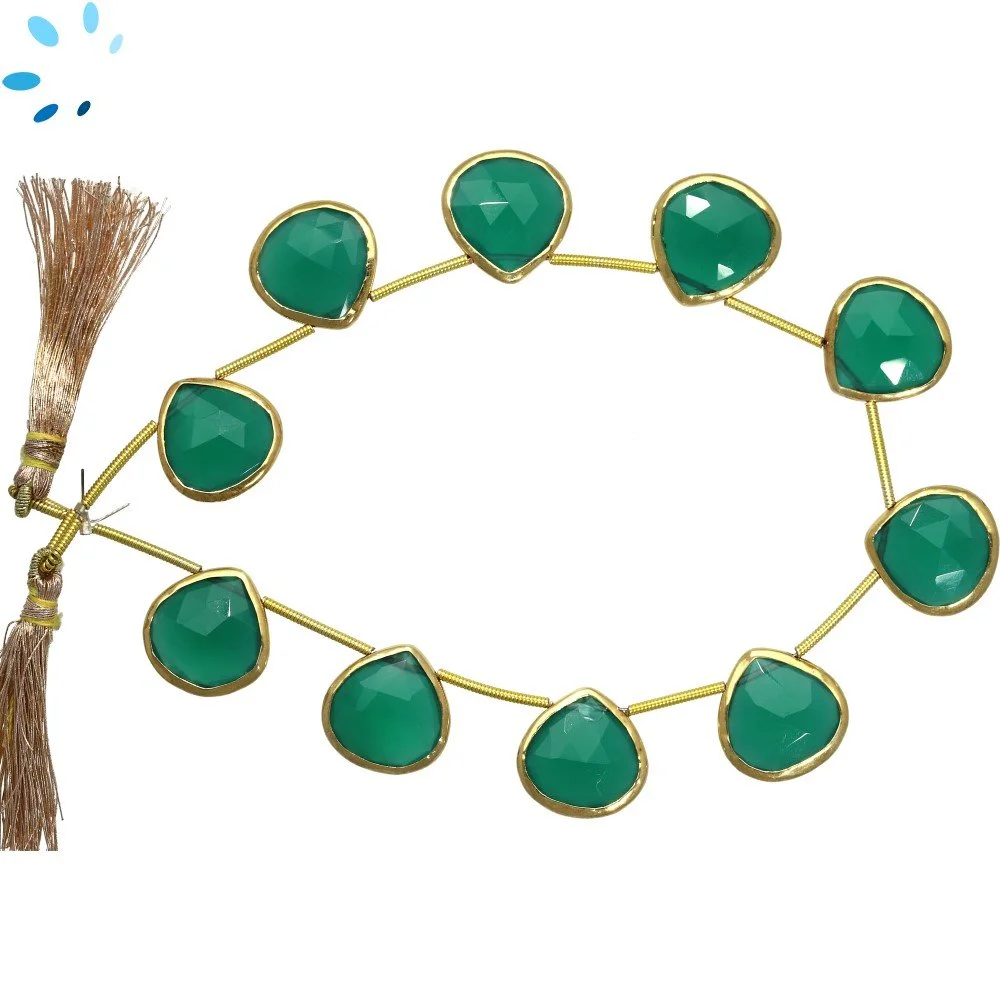 Green Onyx Faceted Heart Bezel Set Beads 12mm Top Drilled - 18k Gold Plated Sterling Silver