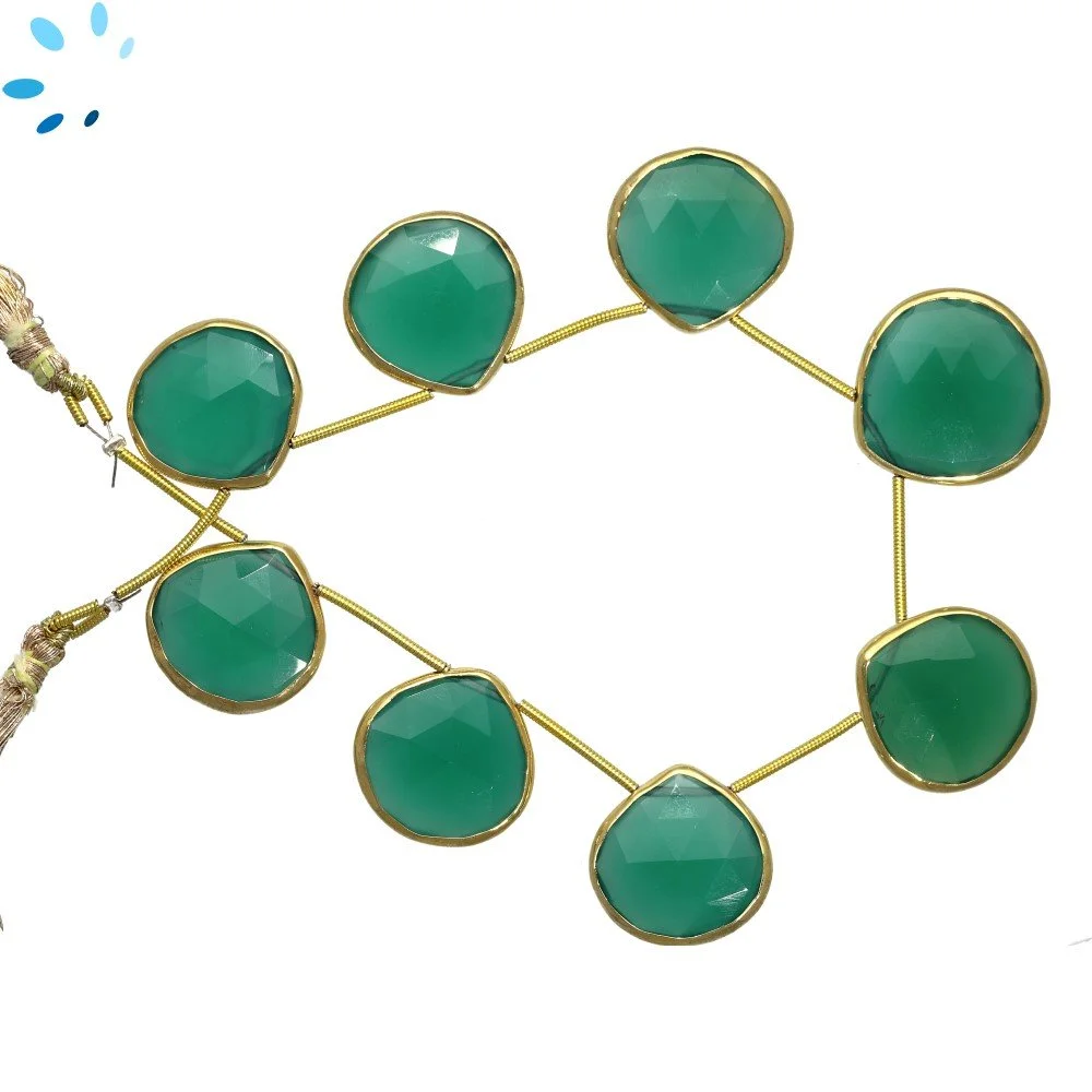 Green Onyx Faceted Heart Bezel Set Beads 19mm Top Drilled - 18k Gold Plated Sterling Silver