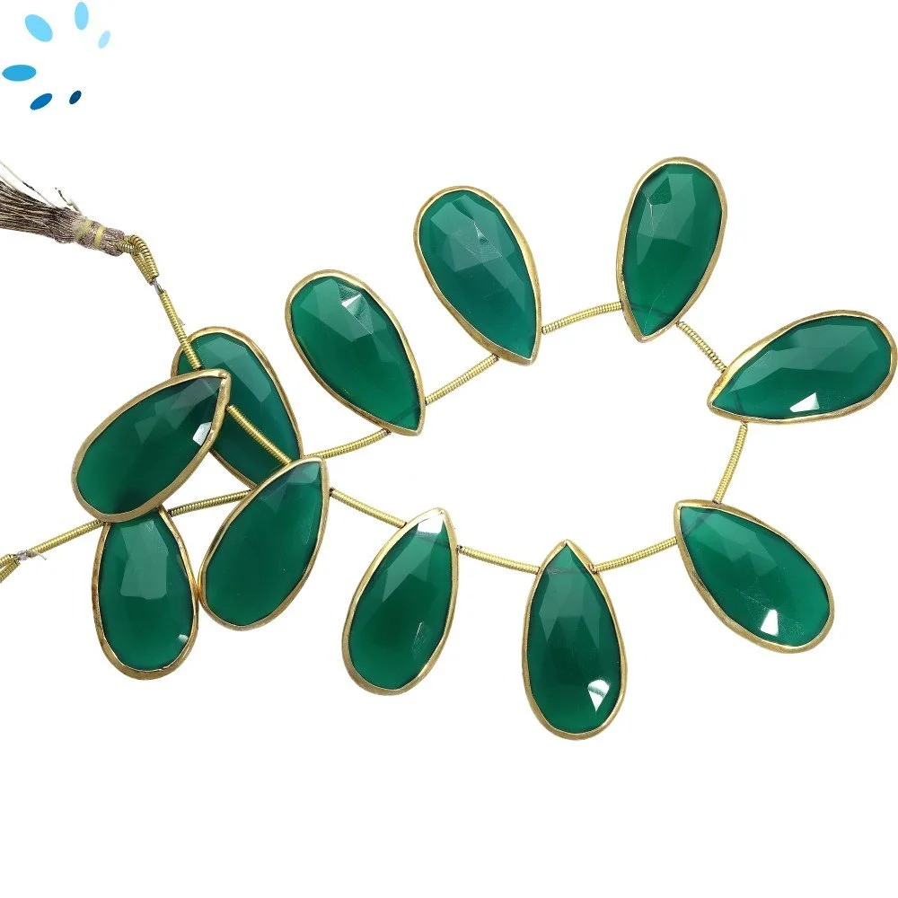 Green Onyx Faceted Pear Bezel Set Beads 24x12 - 28x14mm Top Drilled - 18k Gold Plated Sterling Silver