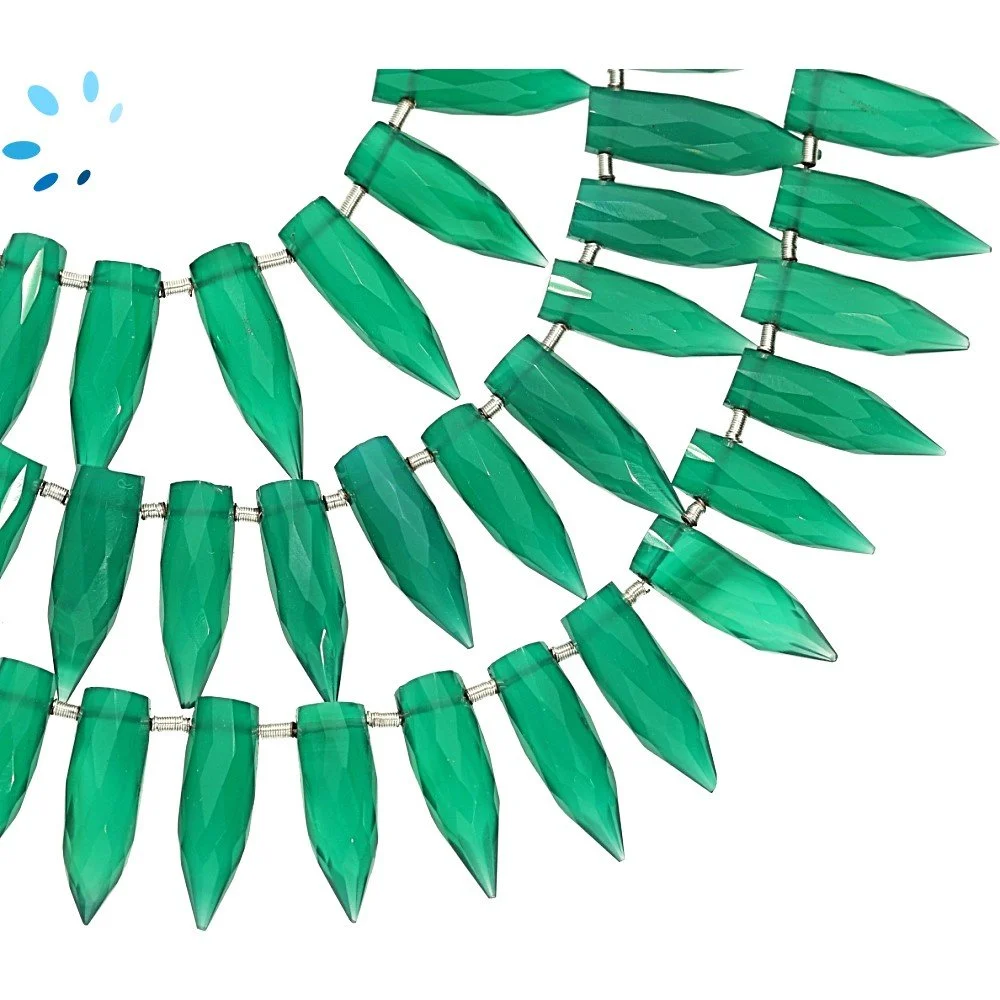 Green Onyx Faceted Spike Top Drilled Beads 15x5 - 17x6mm - 8 Inch Strand