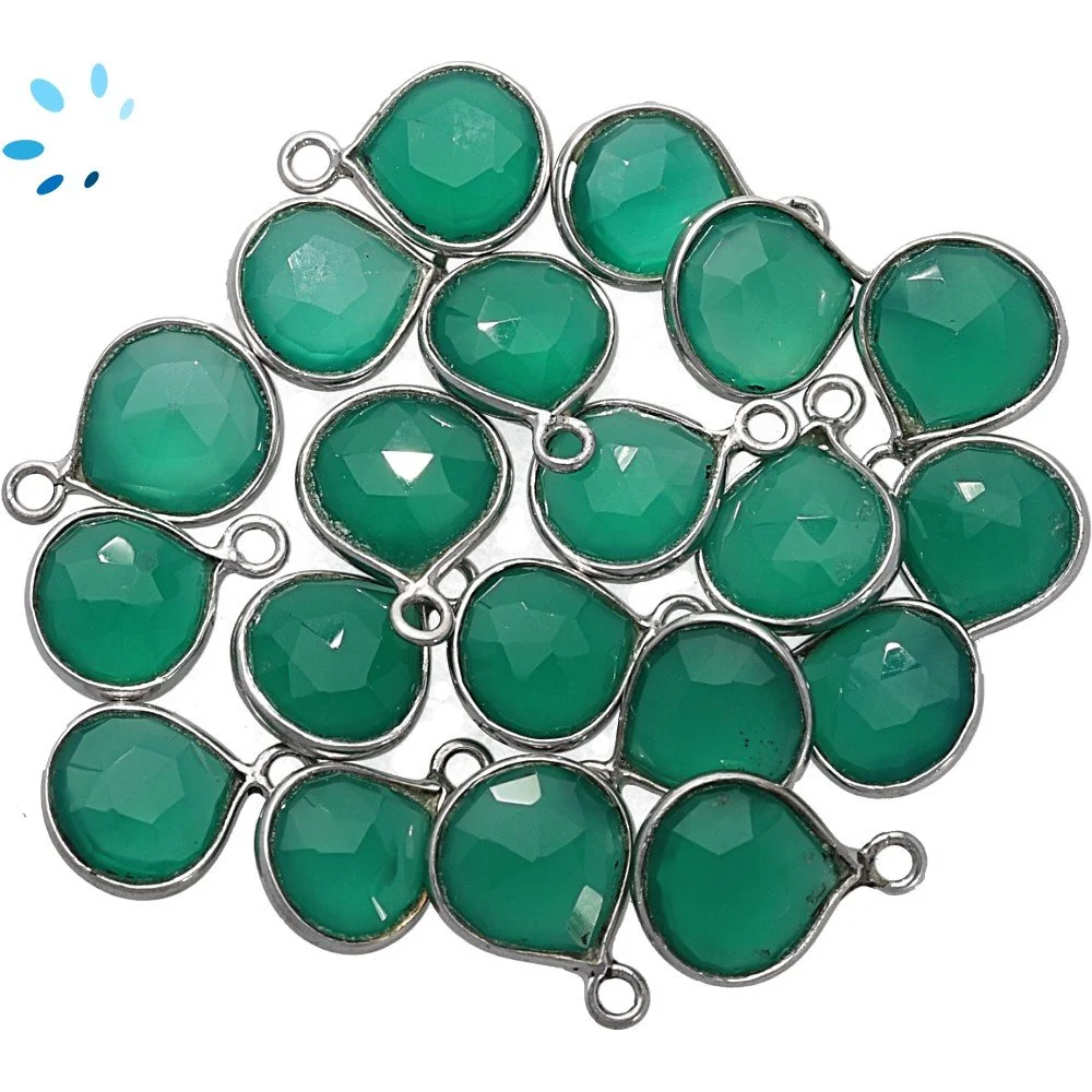 Green Onyx Heart Bezel Charm Pendant 8mm - Platinum Plated Sterling Silver - Set of 4