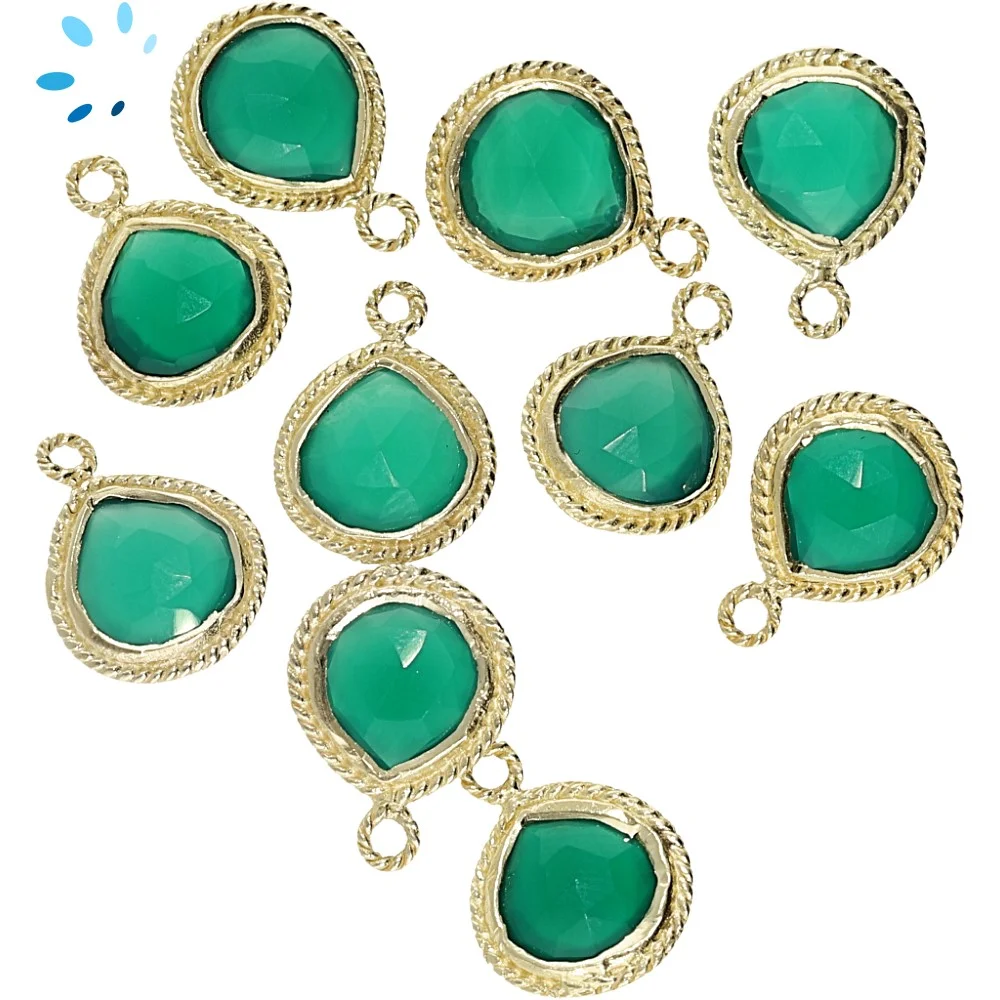 Green Onyx Heart Twisted Wire Bezel Pendant Charm 10mm - 18k Gold Plated Sterling Silver - Set of 4