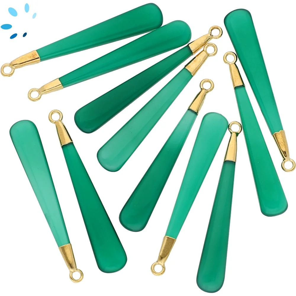 Green Onyx Long Drop Charm Pendant 39x6 - 41x6mm 18k Gold Electroplated - Set of 2