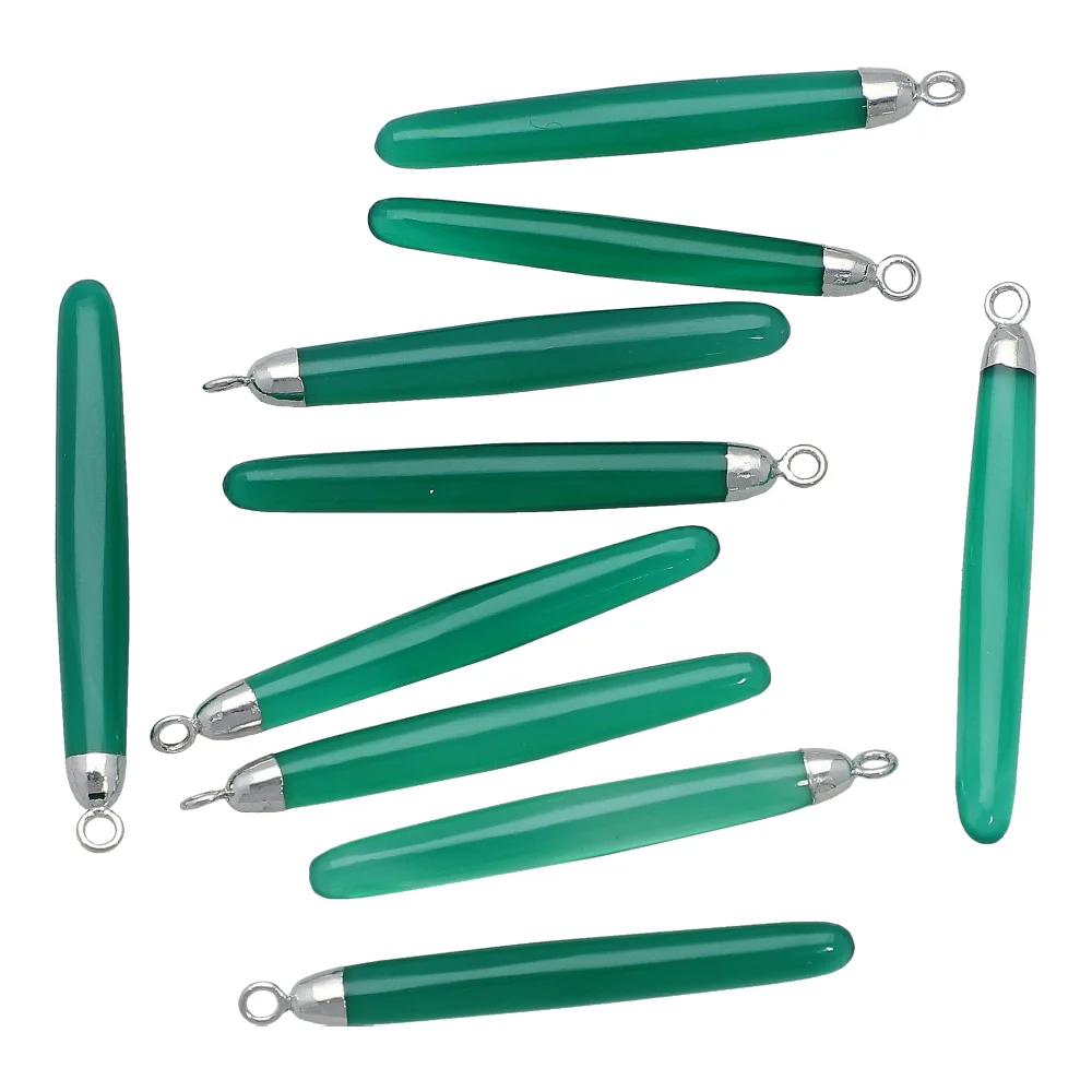 Green Onyx Long Drop Charm Pendant 39x6 - 41x6mm Silver Electroplated - Set of 2