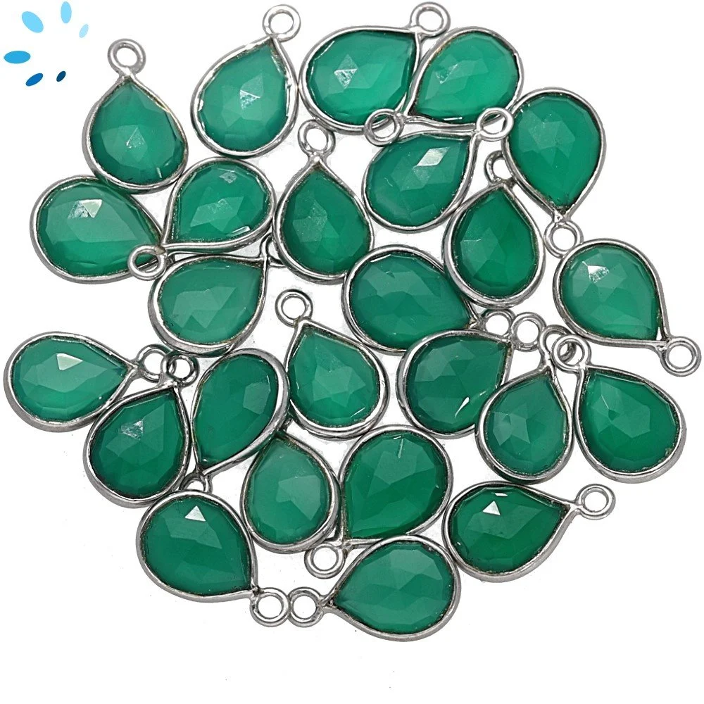 Green Onyx Pear Bezel Charm Pendant 9x7mm - Platinum Plated Sterling Silver - Set of 4