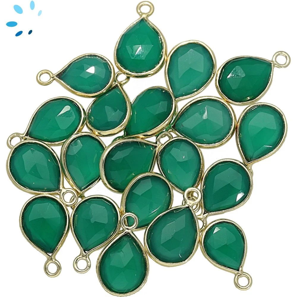 Green Onyx Pear Bezel Pendant Charm 9x7mm - 18k Gold Plated Sterling Silver - Set of 4