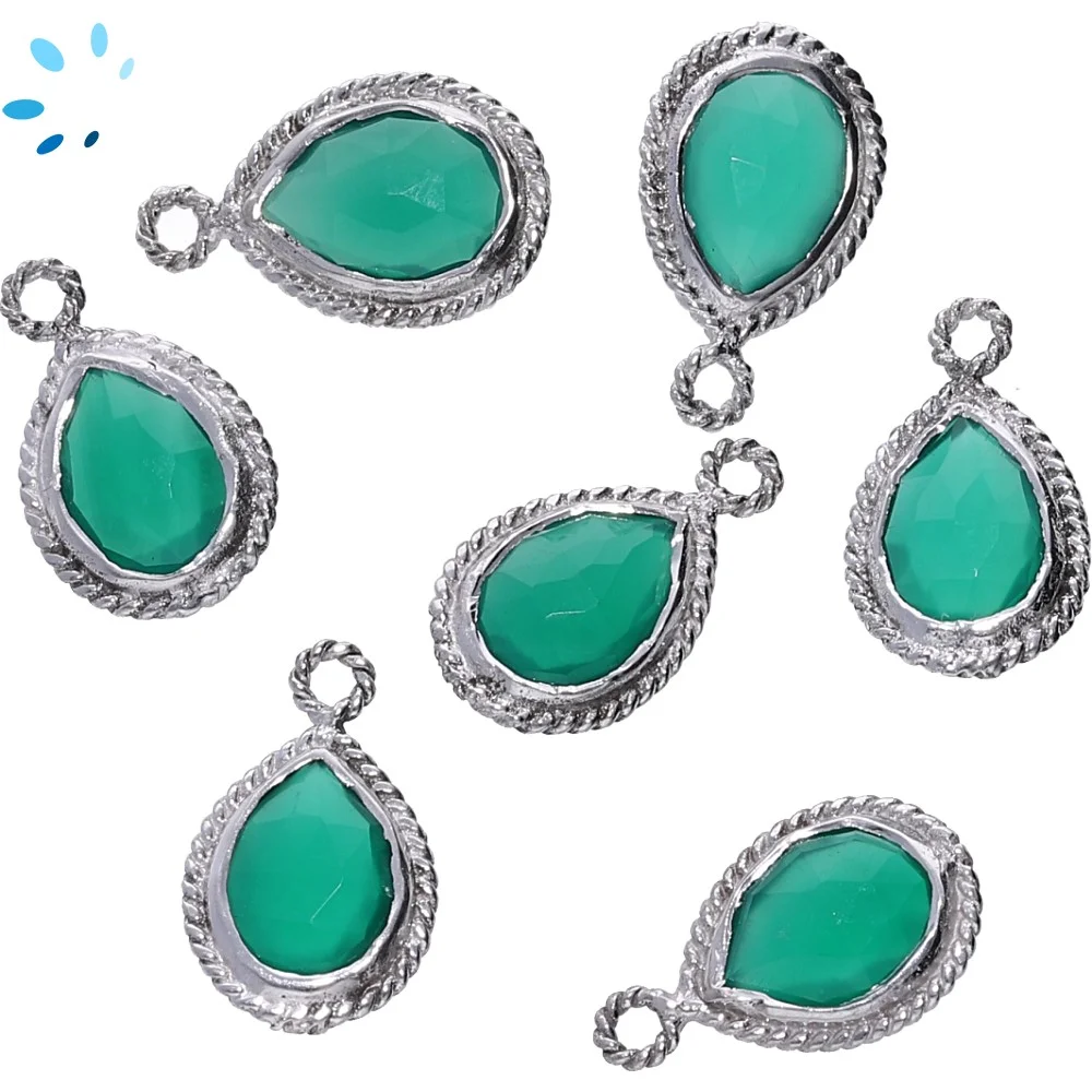 Green Onyx Pear Twisted Wire Bezel Charm Pendant 10x8 - 12x9mm - Platinum Plated Sterling Silver - Set of 4