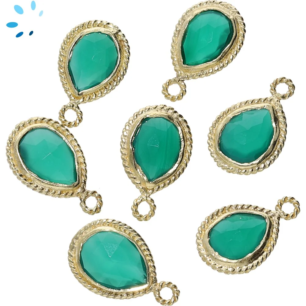 Green Onyx Pear Twisted Wire Bezel Pendant Charm 10x8 - 12x9mm - 18k Gold Plated Sterling Silver - Set of 4