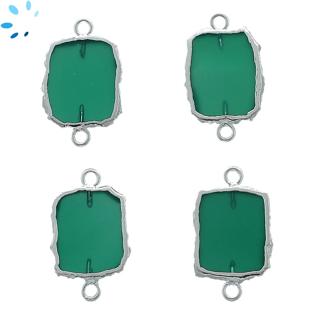 Green Onyx Slice Connector 14x10 - 16x12mm Silver Electroplated - Set of 4