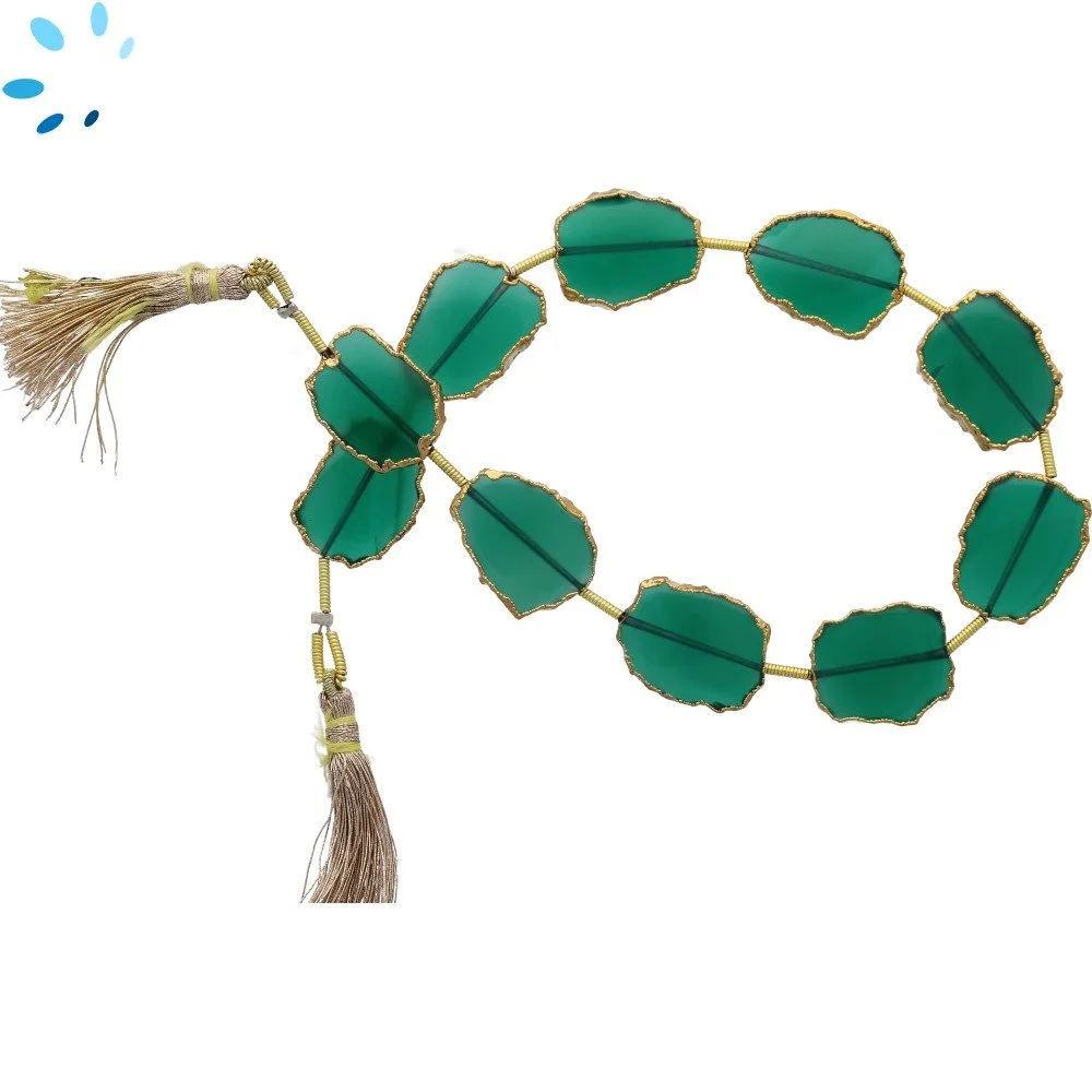 Green Onyx Top to Bottom Drilled Slice Beads 14x10 - 16x12mm - 18k Gold Electroplated
