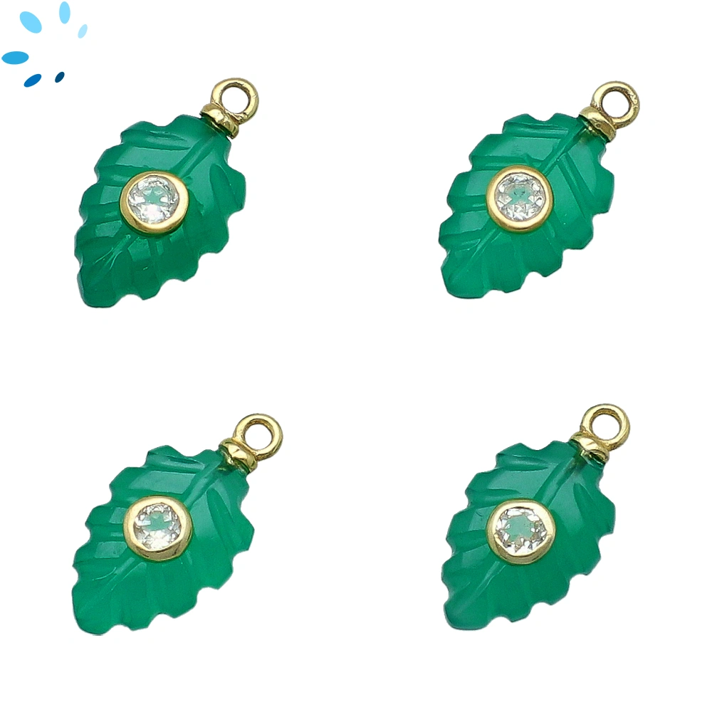Green Onyx & White Topaz Leaf Inlay Charm Pendant 13x9mm - 18k Gold Plated Sterling Silver - Set of 2