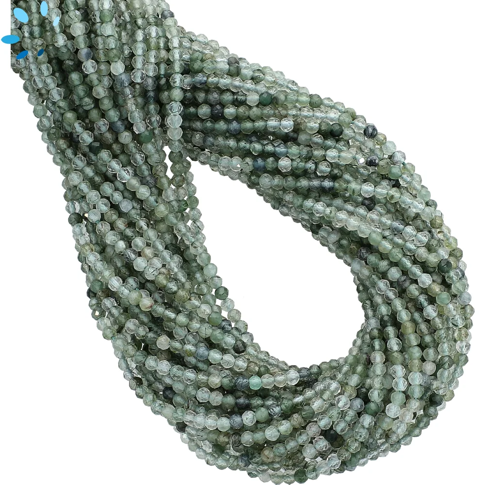 Green Rutilated Quartz Faceted Round Beads 2.5mm - 14 Inch Strand