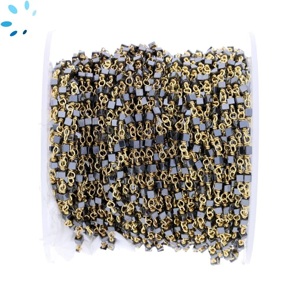Hematine Smooth Cube 2mm Sterling Silver Gold Plated Rosary Style Beaded Chain Per Foot