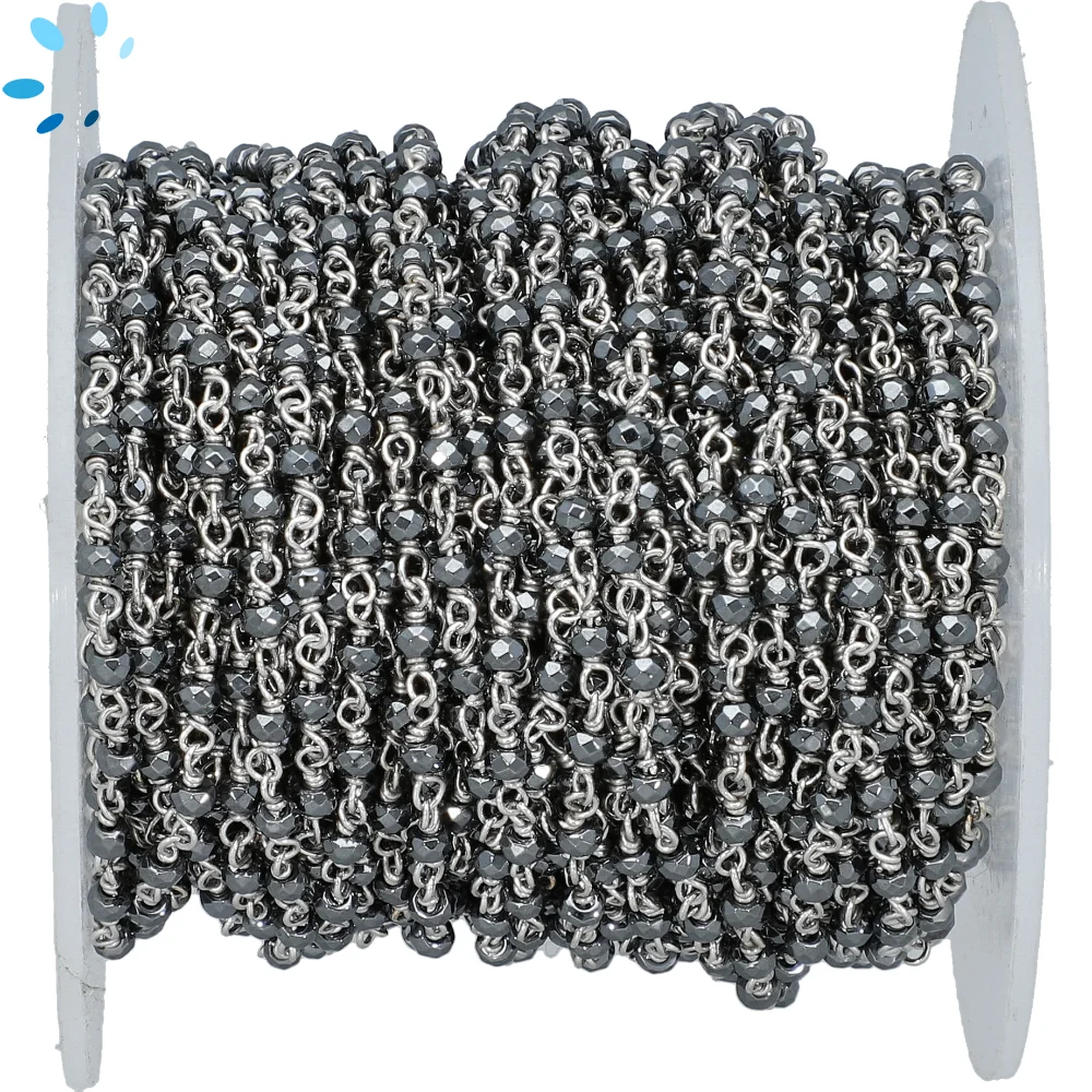 Hematite Faceted button 3.0mm Sterling Silver Silver Plated Rosary Style Beaded Chain Per Foot-Silver Plated